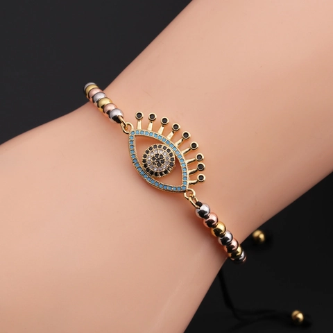 Evil Eye Bracelet Copper Cubic Zirconia Adjustable Braided Rope Turkish Eye Bohemian Jewelry For Women