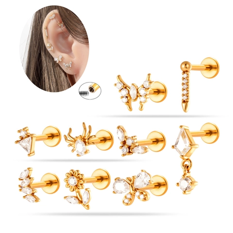 Edelstahl Schmetterling Spinne Blume Lippenstecker Zirkon Innengewinde Knorpel Ohrring Labret Piercing Schmuck