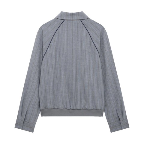 Women Striped Loose Jacket Zipper Closure Long Sleeve Preppy Style Polyester Outerwear