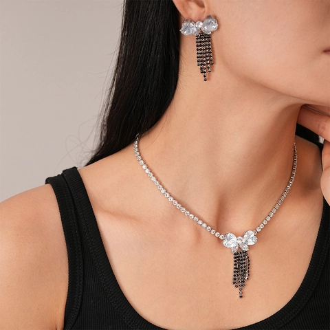 Butterfly Tassel Necklace Earrings With Silver Earring Post Zircon Rhinestone Copper Jewelry Luxury Elegant Accessory
