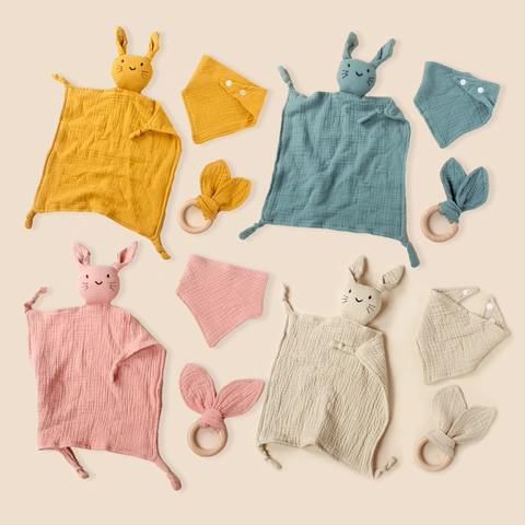 Baby Security Blanket Muslin Cotton Bib And Wooden Teether Rattle Rabbit Animal Design Soft Breathable Soothing Comforter For Infants