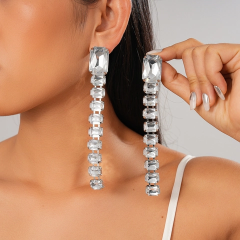 Rhinestone Acrylic Long Tassel Drop Earrings Luxury Geometric For Women With 925 Sterling Silver Earring Post