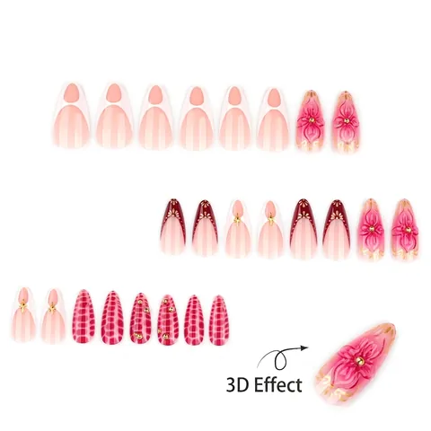 Unghie Finte Press On Con Fiori 3D Resina Plastica Forma Mandorla French Tip Borchie Dorate Stampa Leopardata Per Donne