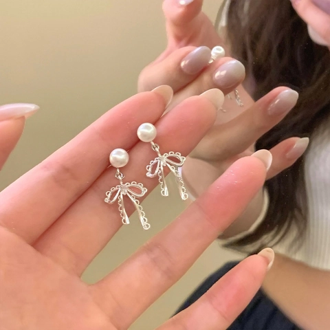Bowknot Artificial Pearl Pendant Earrings With Silver Earring Post Minimalist Fashion Jewelry For Women