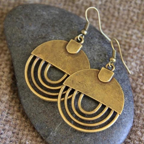 Retro Antique Bronze Geometric Dangle Earrings Hollow Semicircle Concentric Circles Ethnic Bohemian Vintage Style Jewelry For Women