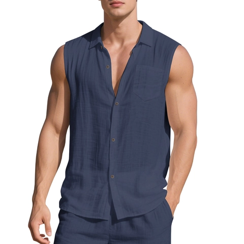 Chemise Sans Manches Et Short Pour Homme Coton Lin Texturé Ample Été Plage Vacances Décontracté