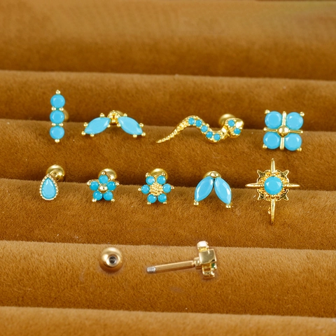Stainless Steel Cartilage Stud Earrings Bohemian Faux Turquoise Screw Back Helix Piercing Jewelry For Women Snake Star Flower