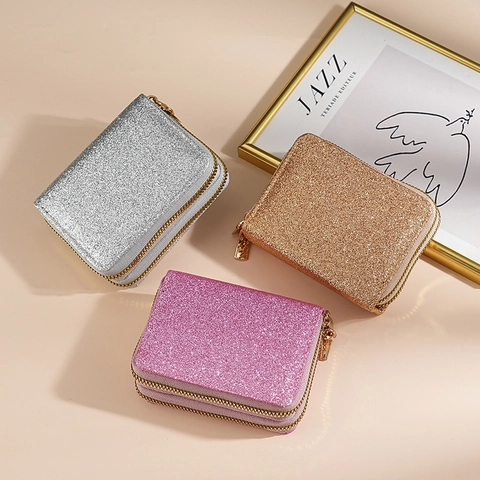 Women Double Zipper Card Holder Glitter PU Leather Wallet Multi Slots Accordion Style Coin Purse Fashion Travel Organizer