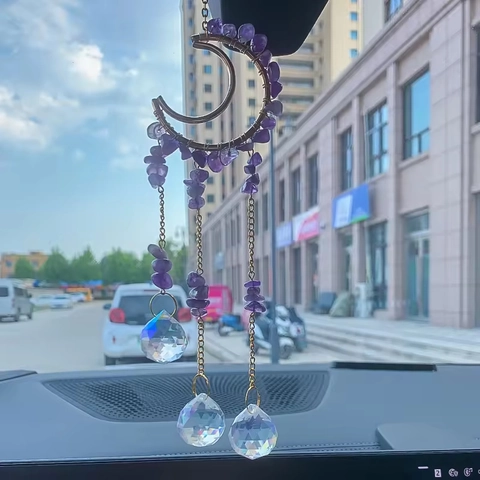 Moon Crystal Suncatcher Hanging Ornament Natural Crushed Stones Metal Wire Wrapped Prism Balls Rainbow Maker Home Garden Decor
