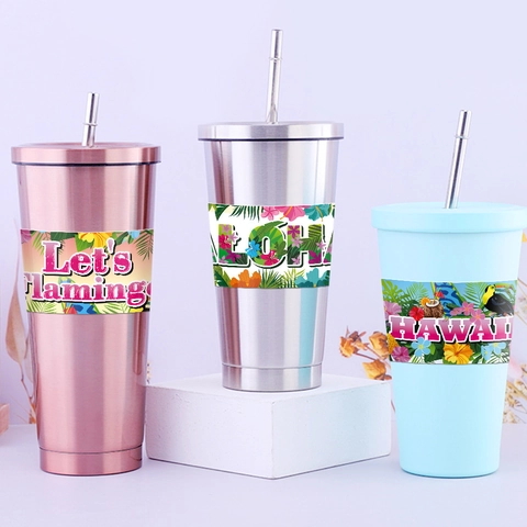 Hawaiian Summer Party Water Bottle Label Stickers Tropical Aloha Tiki Flamingo Paper Adhesive Beverage Drink Wraps Decorations