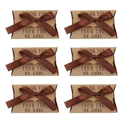 Vintage Kraft Paper Pillow Gift Boxes Brown Satin Ribbon Thank You From Mr And Mrs Wedding Party Favor Candy Packaging
