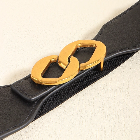 Mode Damen Elastisch Korsettgürtel Vielseitig Schwarz Kunstleder Dekorativ Taille Gürtel Gold Doppelring-Schnalle