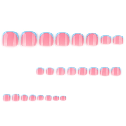 Unghie Finte Per Piedi Stile Francese Blu E Rosa Lucide Quadrate Corte Con Decorazione Di Fiori Di Plumeria 3D Per Donne