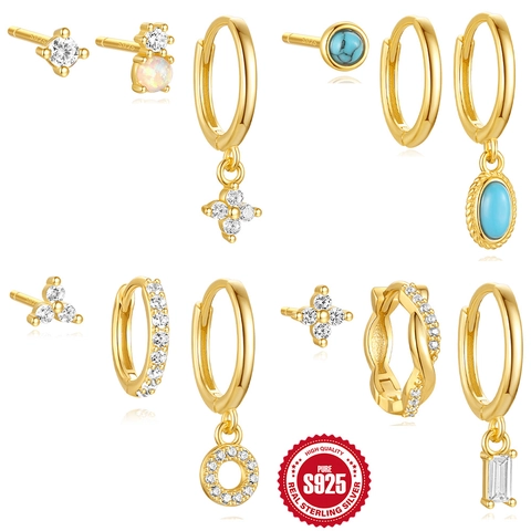 Collezione Orecchini Geometrici Placcati Oro Con Perno Argento Sterling 925 Vintage Turchese Opale Zircone Donne