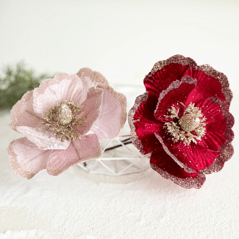Christmas Artificial Flowers Glitter Fabric Velvet Magnolia For Tree Wreath Garland DIY Festive Home Decoration Ornament