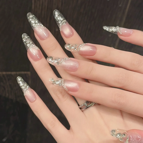 Handgefertigte Aufpressnägel Transparentes Nude Rosa Katzenauge Sternenhimmel Strass Perle Luxus Falsche Nägel Für Damen