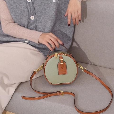 Women Round Shoulder Bag Genuine Leather Contrast Color Small Crossbody Purse With Top Handle Gold Hardware Versatile Casual
