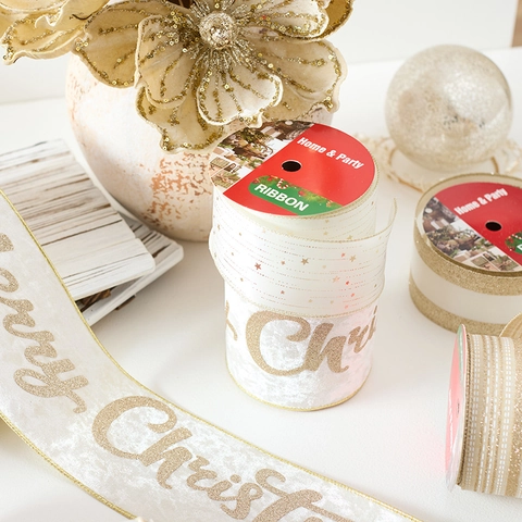 Christmas Decorative Ribbon Champagne Gold Velvet Satin Glitter Merry Christmas Pattern For Gift Wrapping Tree Decor Elegant