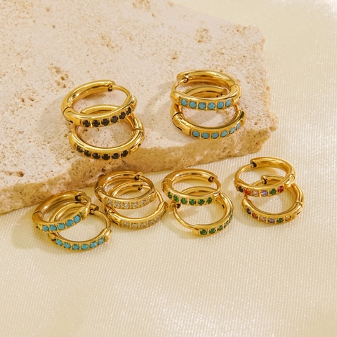Stainless Steel Huggie Hoop Earrings Gold Plated Micro Inlaid Colorful Cubic Zirconia Minimalist Jewelry For Women