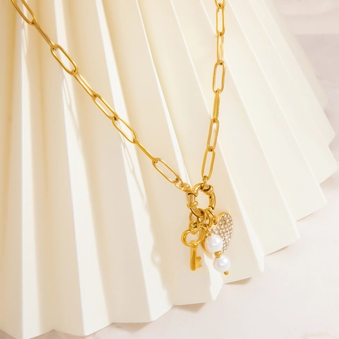 Collar Con Colgante De Corazón Llave Perla Artificial Chapado En Oro De 18K Acero Inoxidable Cadena De Eslabones Joyería Para Mujer