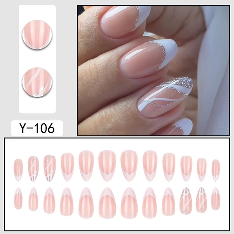 Uñas Postizas Forma De Almendra Rosa Nude French Tip Brillo Plateado Diseño Ondulado Uñas Artificiales Elegantes Para Mujeres