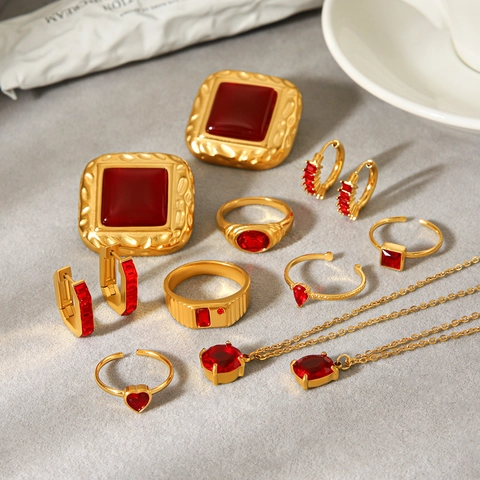 Vintage Roter Zirkon Schmuck Halskette Creolen Und Öffnung Ring Edelstahl Französischer Luxus Stil Für Frauen