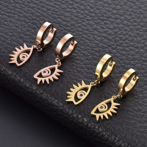 Stainless Steel Hoop Earrings With Evil Eye Pendant Blue Zircon Inlaid Hypoallergenic Luxury Jewelry For Women
