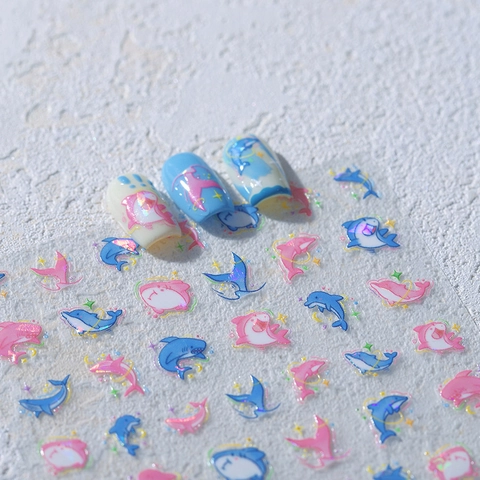 Adesivi Per Unghie Olografici 3D Delfino Squalo Marino Decalcomanie Manicure Laser DIY Decorazione Per Donne