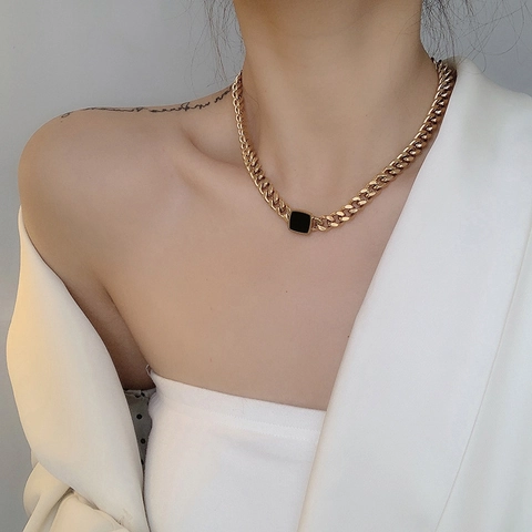 Exaggerated Titanium Steel Black Square Cuban Chain Necklace And Bracelet And Ring Gold Silver Plated Jewelry For Women