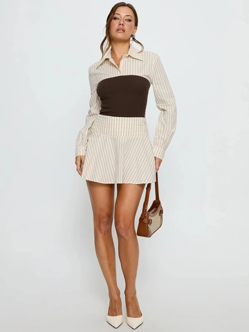 Gestreiftes Langarmhemd Strickkorsett Wespentaille Und Plissierter Minirock Elegante Mode Damen