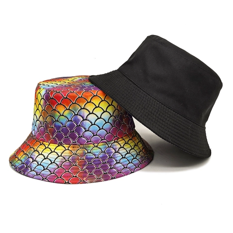 Mermaid Schuppen Print Fischerhut Polyester Regenbogen Bunt Wendbar Sonnenschutz Outdoor Vintage Bucket Hat
