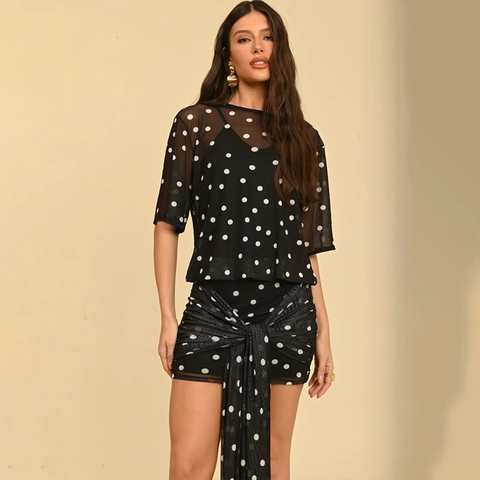 Polka Dot Mesh Doorschijnende Dames Top Met Korte Mouwen Ronde Hals En Minirok Met Strik Sexy