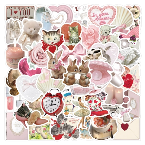 Coquette Ästhetik Aufkleber Wasserdicht PVC Rosa Vintage Retro Stil Süße Cartoon Tiere Blumen Dekore Für Scrapbooking Laptop