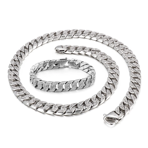 Collana E Bracciale A Catena Cuban Link Hip Hop Per Uomo In Acciaio Inossidabile Con Micro Pavé Di Strass Streetwear