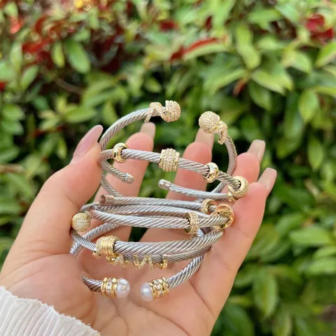 Bracciale Rigido A Cavo Intrecciato Bicolore Oro Argento Placcato Braccialetto Aperto Con Zircone E Perla Artificial Gioielli Eleganti