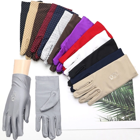 Guantes De Protección Solar Finos Elásticos Satén Bordado Lunares Para Hombres Y Mujeres Conducción Etiqueta