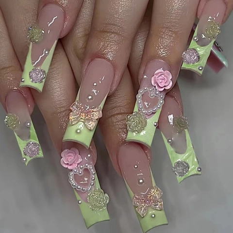 Lange Plastic Press On Nagels Kist Stiletto Kunstnagels Met Strass Steentjes Strikken Bloemen Decoratieve Manicure Voor Vrouwen