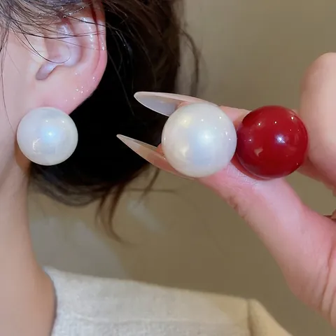 Pendientes De Bola Redonda Grande Con Perlas Artificiales De Imitación Y Poste De Plata Elegante Minimalista Moda Para Mujer