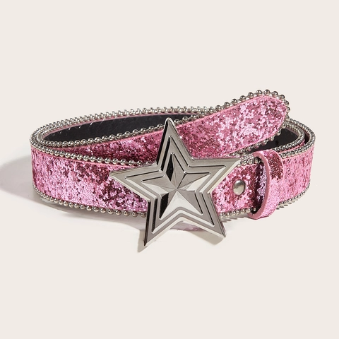Women Sequined Belt With Alloy Star Snap Buckle Y2K Sparkling PU Leather Bead Edge Waistband For Jeans
