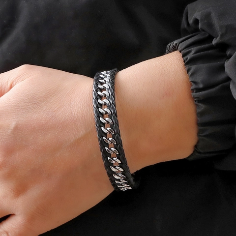 Herren Armband Geflochtenes Mikrofaser Leder Edelstahl Gliederkette Magnetverschluss Punk Stil Schmuck Geschenk Für Männer