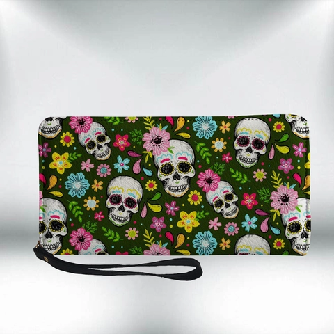 Lange Reißverschluss Geldbörse PU Leder Handgelenktasche Totenkopf Halloween Totentag Druck Mode Für Damen