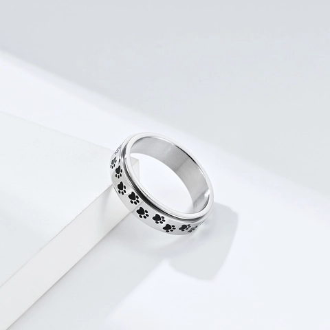 Stainless Steel Spinner Ring For Women Men Cute Puppy Dog Paw Print Anxiety Relief Decompression Band Ring Daily Casual Jewelry