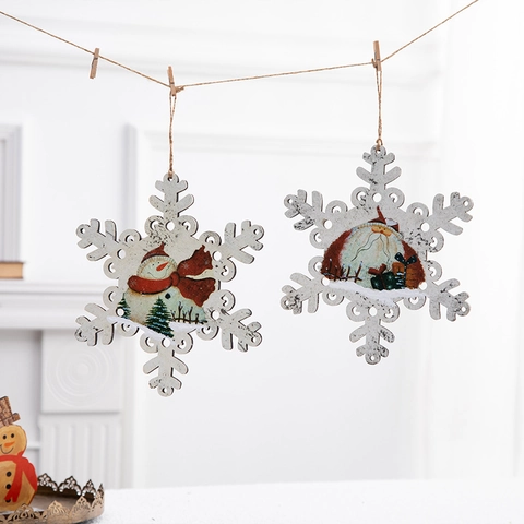 Adornos Colgantes Árbol De Navidad Colgante Copo De Nieve Madera Papá Noel Muñeco De Nieve Reno Cuerda Yute Rústico