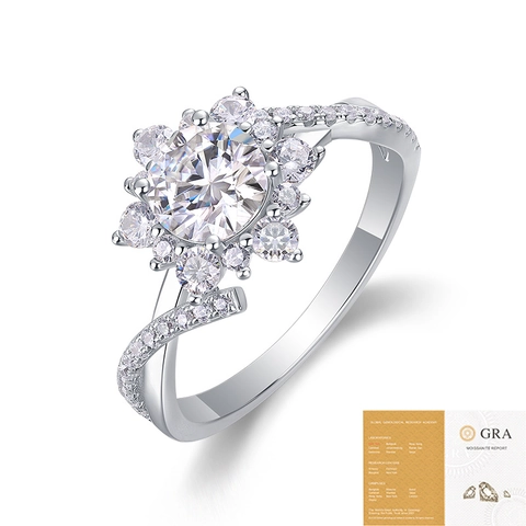 Anillo de Plata de Ley 925 Moissanita Redonda Anillo de Compromiso en Forma de V Incrustado Joyería de Boda Regalo Mujer