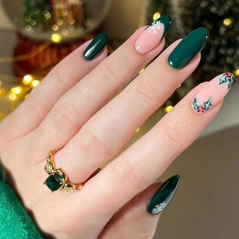 Kerst Press On Nagels Groen Frans Amandel Vorm Sneeuwvlok Patroon Glanzend Kunstnagels Voor Vrouwen