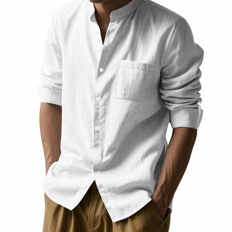 Men Casual Shirt Linen Polyester Blend Stand Collar Long Sleeve Breathable Solid Color Henley Mandarin Neck Pocket