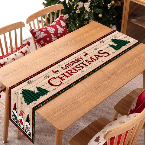 Chemin De Table Noël Polyester Gnome Grain De Bois Plaid Décoration De Fête Salle À Manger Festive