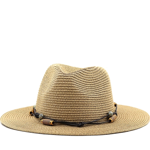 Unisex Straw Fedora Hat Wide Brim Panama Sun Cap Breathable Summer Beach Travel With Wood Beaded Band