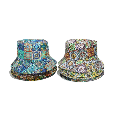 Cappello Da Pescatore Stile Etnico Bohemien Poliestere Protezione Solare Esterno Viaggio Retro Stampa Maiolica Siciliana Uomo Donna