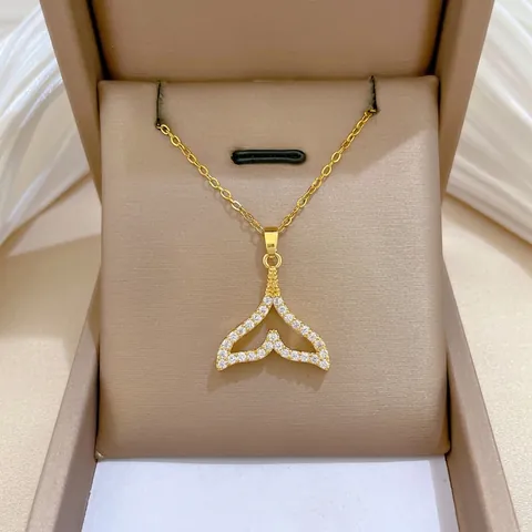 Fishtail Pendant Necklace Titanium Steel Chain Copper Micro Pave Cubic Zirconia Mermaid Tail Elegant Jewelry For Women Gold